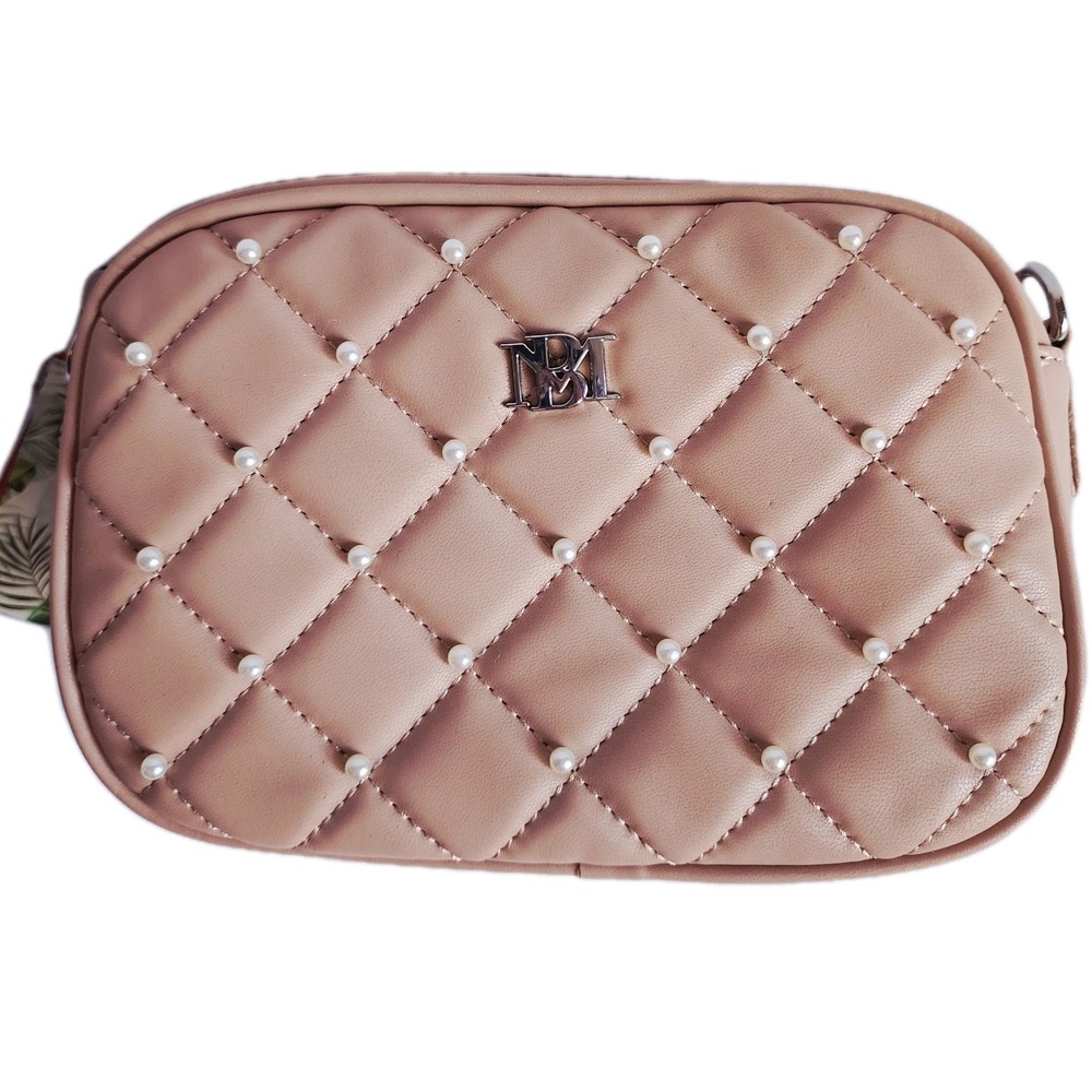 NWT Badgley Mischka Diamond‎ Quilted Camera Bag Tan Pearl Crossbody Purse BM4138